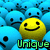 A yellow smiley face icon surrounded by blue sad faces with the word 'Unique' in green text over a pixelated background.