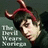 A person wearing a red headband with curved horns, positioned against a dark green background with text reading "The Devil Wears Norkoz" in light gray.
