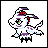 Pixel art animation of a small white and purple Digimon-like creature with green eyes, red accents on its head, and a flowing tail in various running poses across seven frames.
