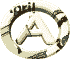 A circular icon with a stylized 'A' at center, surrounded by text and patterned border in beige and brown tones.