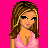 Pixel art of a woman with long brown hair in a pink top, standing on a background with repeated text and partial body parts