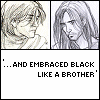 monochrome character portraits with text below each , showing sequential changes in the lower-right 's text from 'LIKE A BROTHER' to 'LIKE A LOVER'