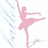 A pink silhouette of a ballerina in arabesque pose on white background with blue diagonal lines.