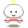 Pixelated character with white round head, black square eyes, yellow antenna, and red horizontal bar across midsection on gray background.