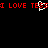 Red pixelated text "I LOVE TESS" repeats across a black background with a white play button symbol in the center.