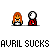 Pixel art animation of two figures with orange hair and white faces, one in red clothing, performing actions including turning heads and emitting red particle effects.