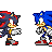Pixel art animation of Sonic the Hedgehog and Shadow the Hedgehog in combat poses with red energy blades, blue fur, green eyes, white gloves, red shoes.