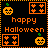 Pixel art Halloween-themed animation with orange and black color scheme featuring pumpkins, star patterns, and 'happy Halloween' text.