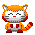 Pixelated orange and gray cat-like avatar with closed eyes and red mouth, standing with arms crossed on left, then with open mouth and tail raised on right.