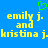 Static pixel art with blue background, yellow text reading 'emily j. and kristina j.', green heart symbol above text.