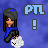 Pixel art of a character with long brown hair, blue star headband, blue top, black pants, and white cloud prop, with 'PT' text and exclamation mark on blue background.