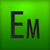 Green gradient background with dark gray 'EM' text in pixelated font, centered on the image.