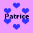 Pixelated blue hearts on a light purple background with the name 'Patrice' repeated in dark text.