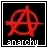 Red anarchy symbol with pixelated text 'anarchy' below on black background, transitioning to white background with same symbol and text.