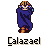 Pixel art character Calazael in three poses: hooded, standing with cape flowing, and front-facing.