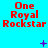 Red text "One Royal Rockstar" on cyan background with scattered purple star-like shapes in three