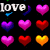Pixelated heart icons in multiple colors arranged in with 'love' text in white, blue, and purple on a black background