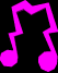 Animated sequence of pink musical notes and a vertical bar on black background, transitioning from connected to scattered arrangement.