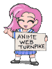 Pixelated character with pink hair holds a sign reading 'ANIME WEB TURNPIKE' while transitioning from pointing to thumbs-up gesture.