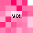 Pixelated pink and white with four instances of 'yo!!' text in black, arranged symmetrically across the image