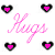 Pixelated pink cursive text 'Hugs And Kisses' surrounded by black-outlined hearts with pink centers on a white background.