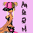 Pixelated character with pink and black checkered hat, orange dress, and pink star on black bag against light purple background.