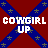 Static pixel art icon with red background, blue X-shaped stripes, and green stars; white text reads "COWGIRL UP" in blocky font.