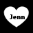 Four white heart-shaped icons with black text "Jenn" on a black background, arranged in a