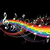 A pixelated rainbow-colored object with a dark, abstract shape behind it on black background.