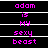 Pixelated text in bright pink on black background, arranged in three with white horizontal lines separating