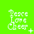 Green background with white pixelated text 'Peace Love Cheer' and small symbols changing across frames.