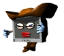 A square gray character with red lips, blue eyes, and a brown cowboy hat appears in three poses against a light gray background.