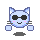 Pixelated blue cat face with black sunglasses, pink cheeks, and gray whiskers on a light gray background.