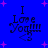 Blue background with pink plus signs and black text reading "I Love Yogurt" in a stylized font with a small arrow below.