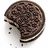 A circular chocolate sandwich cookie with a bite taken out, showing a white cream filling, on a white background with scattered crumbs.