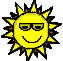 A contact sheet of eight identical animated sun icons arranged in a 3x3 grid with one empty space, each featuring a yellow circular face with sunglasses and a smile on a gray background.