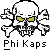 Pixelated skull with yellow eyes and crossed bones, below which reads 'Phi Kaps' in blocky text on gray background.