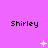 Purple background with repeated 'Shirley' text and changing white pixel symbols across three