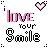 Pixelated icon with 'love your smile' text, pink and black lettering, and a heart symbol on a light background.