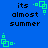 Blue background with black text reading 'its almost summer' and green pixelated square icons in four corners.
