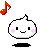 Pixelated white character with pink cheeks and black eyes, shown in multiple poses including smiling, blushing, and holding hands, with red musical notes floating above.