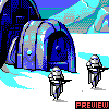 Pixel art scene depicting two armored figures with blasters standing before a large blue tunnel entrance in a snowy landscape, with icy mountains and a dark cave visible.