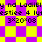 Pixelated yellow and purple checkered pattern with repeated text fragments in black pixel font.