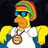 Pixelated cartoon character with yellow skin, blue sunglasses, and a rainbow-colored headwrap stands against a dark background, with red text on a blue background reading "I want a donut Mon!!!".
