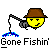 Yellow smiley face wearing brown fedora holding fishing rod with blue water splash, text 'Gone Fishin' below.