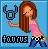 Pixel art of a woman with long brown hair holding a blue Taurus symbol, wearing pink top and checkered pants against light blue background.