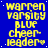 Blue background with yellow pixelated text reading 'warren varsity blue cheer-leader' repeated in a pattern, with a gray square in the bottom-right corner