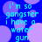 Blue background with purple circles and cyan text reading "i'm so gangster i have a water gun" repeated in four quadrants.