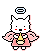 Pixel art contact sheet showing two frames of an animated angelic cat character with pink wings, halo, and a yellow object held in its paws against a gray background.