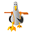Pixelated bird-like figure with gray body, yellow beak, black eyes, orange wings, and yellow feet against solid gray background.